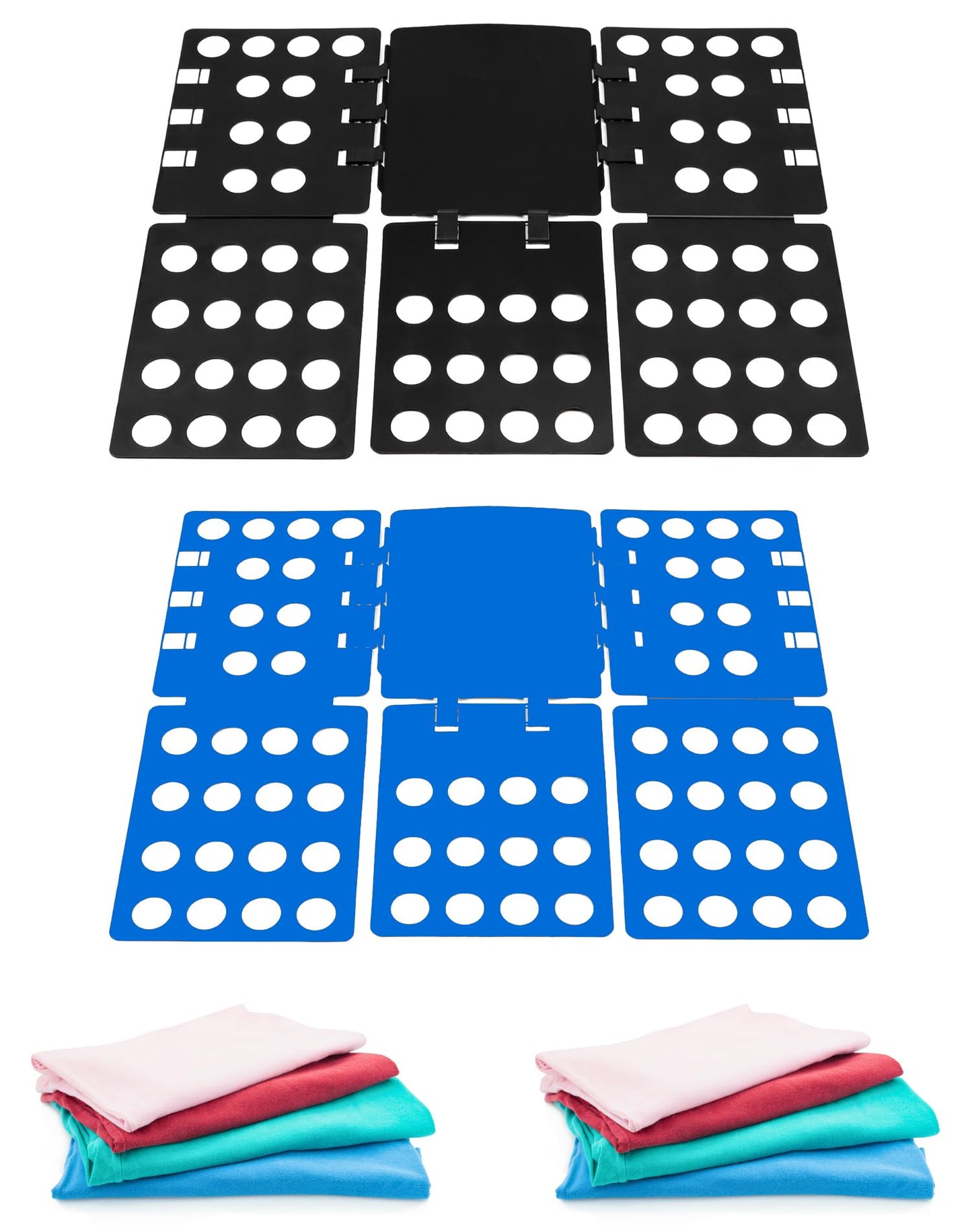 QWORK PP Composite Folding Board, 2 Pack Folding Clothes Board - Black + Blue, One-Hand Operation Laundry Folding Tool, Non-Slip Silicone Buckles, T Shirt Folder, Laundry Folders for All Garments