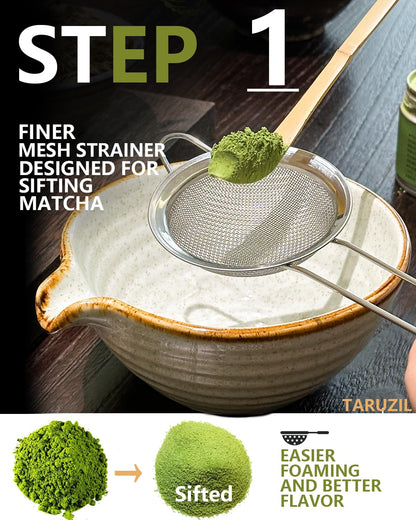 Taruzil Matcha Whisk Set with Matcha Bowl, Matcha Bamboo Whisk, Scoop, Sifter, Matcha Whisk Holder Unique Gifts for Women Mom Her Girl Friend Home Kitchen Decor Gifts for Christmas, Birthday