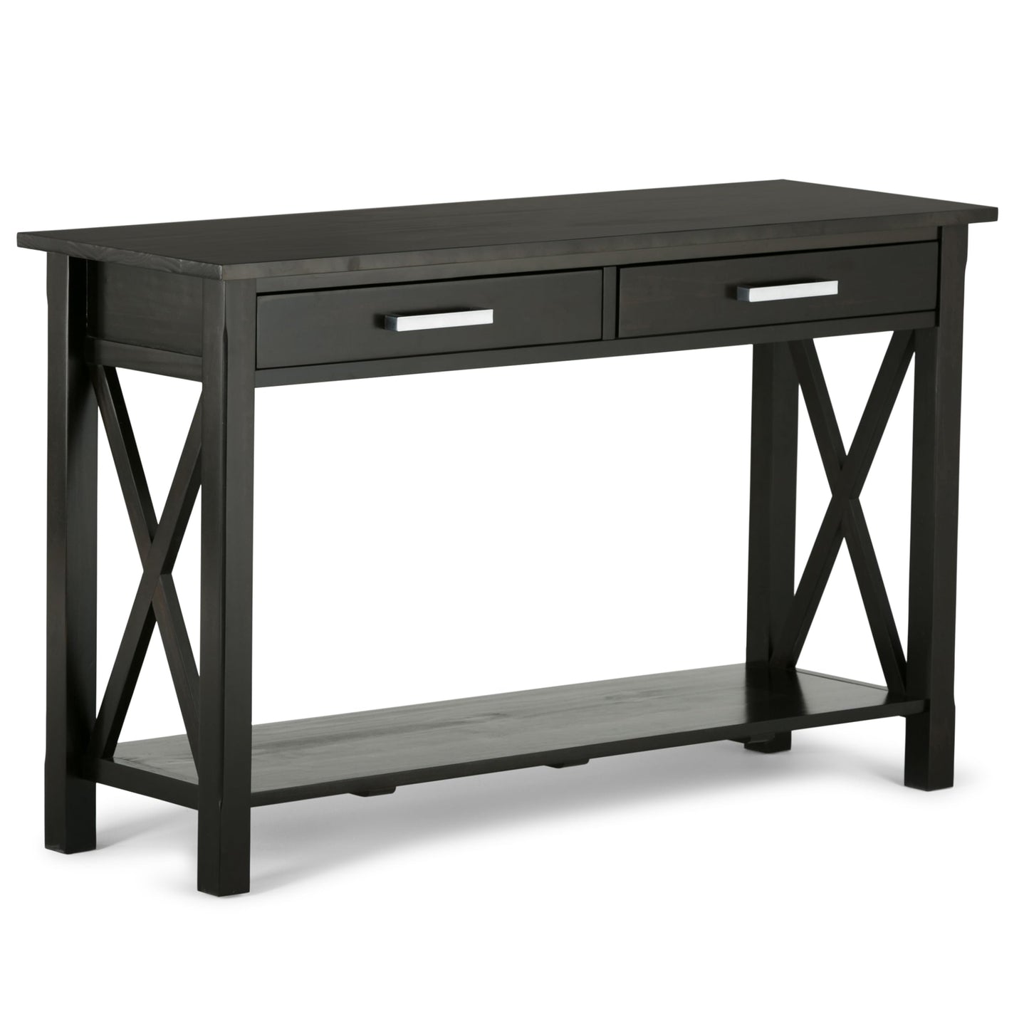 SIMPLIHOME Kitchener Console Table - 47 Inch Wide Solid Wood Sofa Table in Hickory Brown, Contemporary Storage Table for Entryway or Living Room with 2 Drawers, Bottom Shelf, and X-Design Side Panels