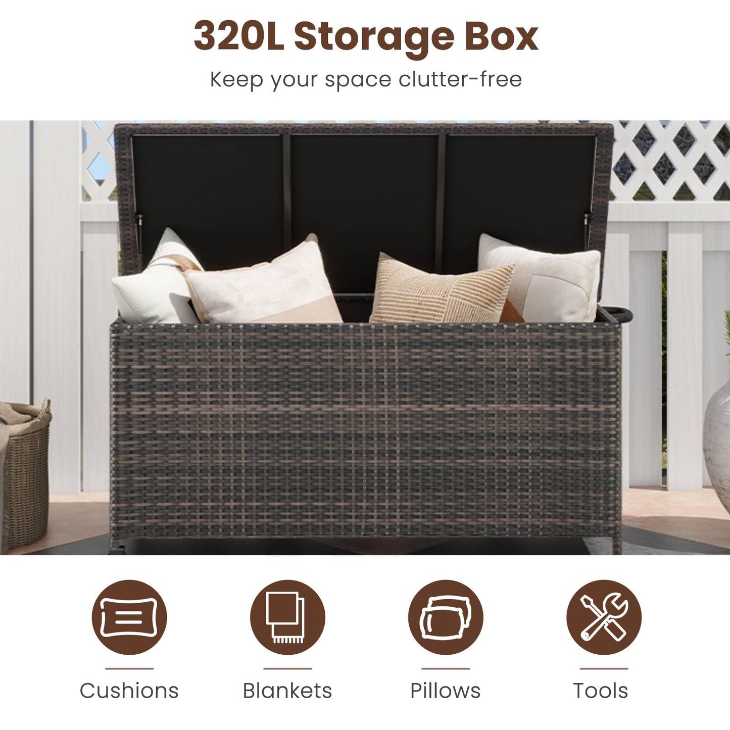 TANGZON 320L Garden Deck Box, Patio Cabinet Container with Polyester Liner, Universal Wheels & Gas Strut, Indoor Outdoor Storage Box for Pillows, Cushions & Tools (with Regularly-Woven Rattan, Brown)