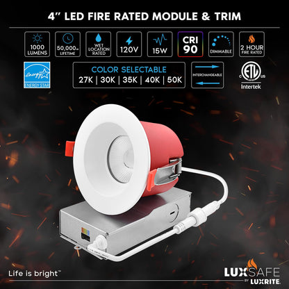 LUXRITE 6-Pack 4 Inch LED Recessed Lights with J-Box, 5CCT 2700K-5000K, 2 Hour Fire Rating, 15 Watts, 1000 Lumens, 38° Spotlight, Dimmable, IC Rated, Wet Rated, ETL - Smooth Trim