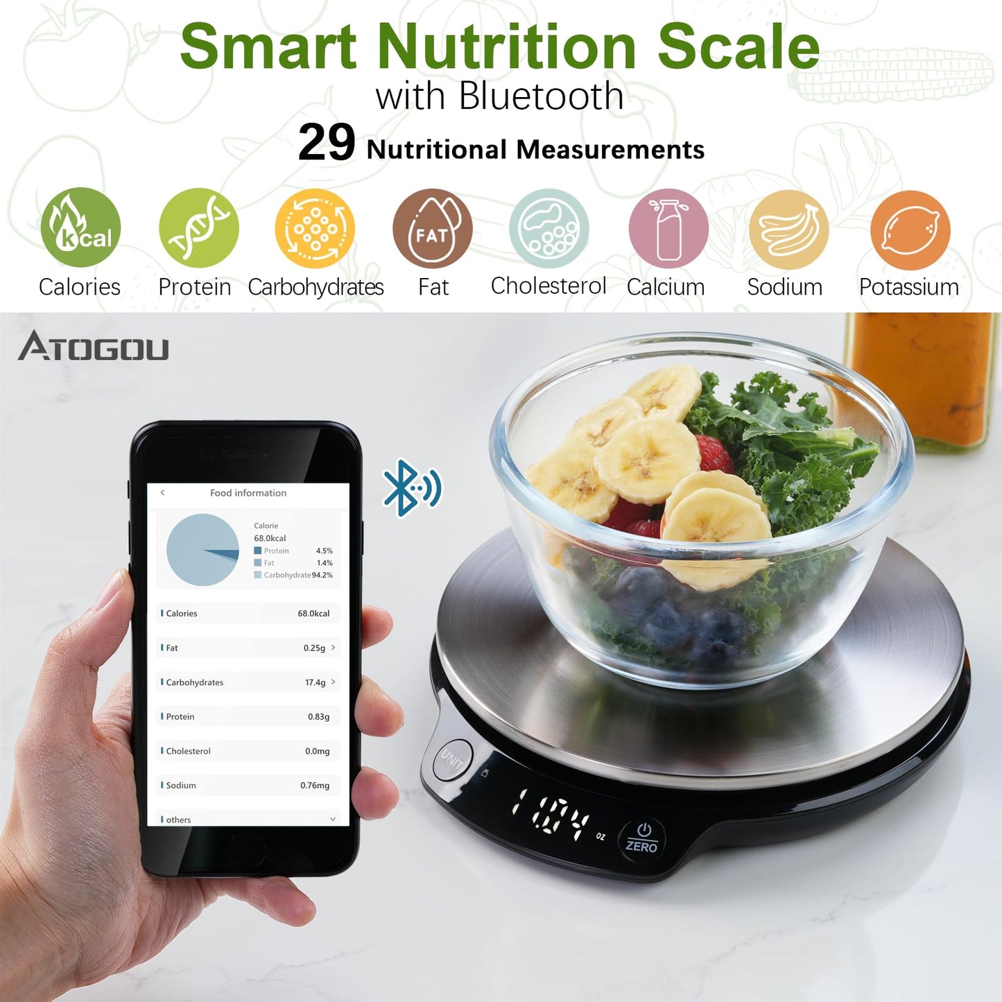 Atogou Smart Food Scale with Nutrition Calculator, 0.005oz / 0.1g High Precision, Free APP with Nutrients Tracking, Calorie, Marco, Ounces and Grams, for Kitchen, Weight Loss, Meal Prep, etc