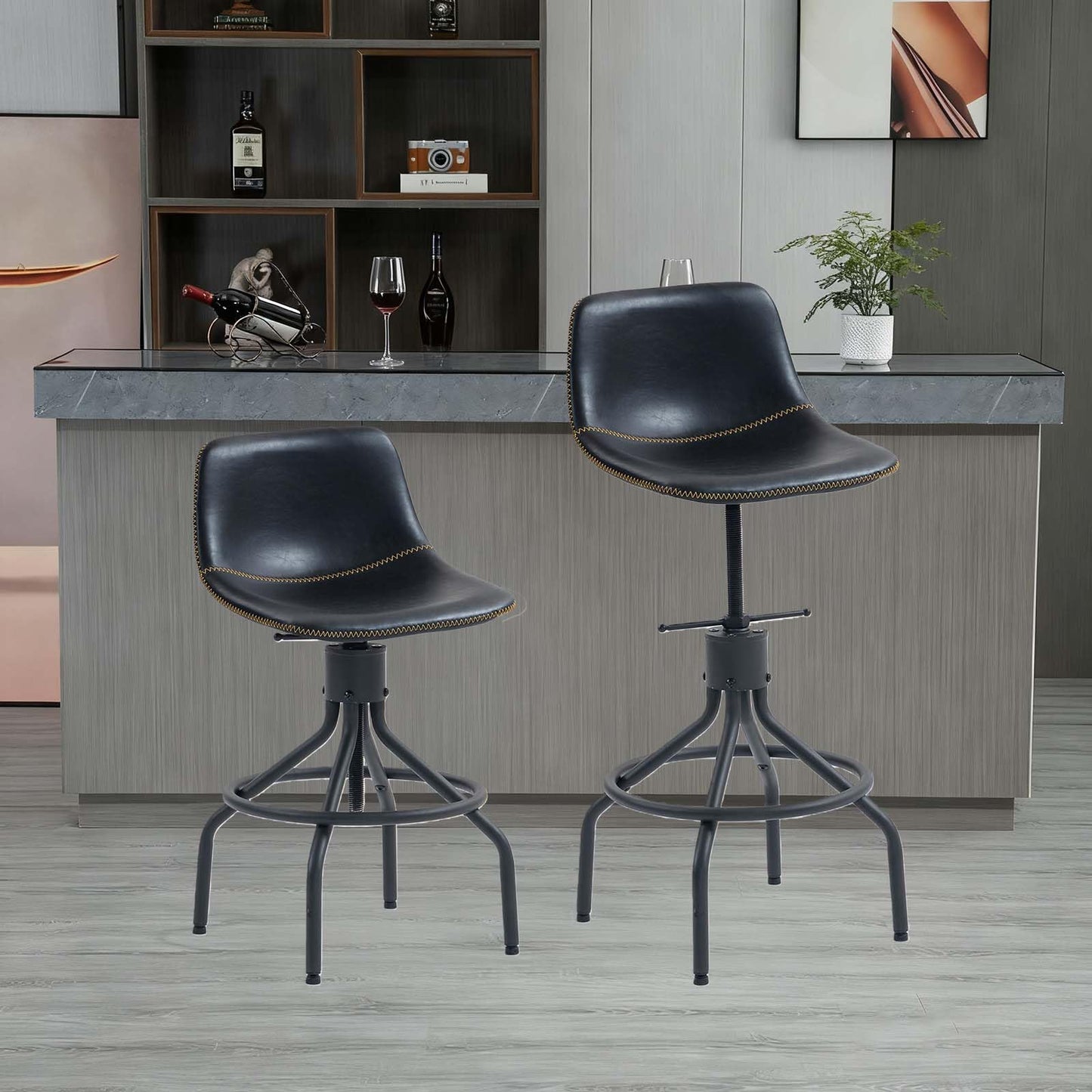 CHIDOCHILO Swivel Bar Stools Set of 3, Adjustable Industrial Kitchen Island Barstools with Back 26 Inch Faux Leather Armless Counter Height Bar Chairs for Dining Room Home Bar D087-Black-3