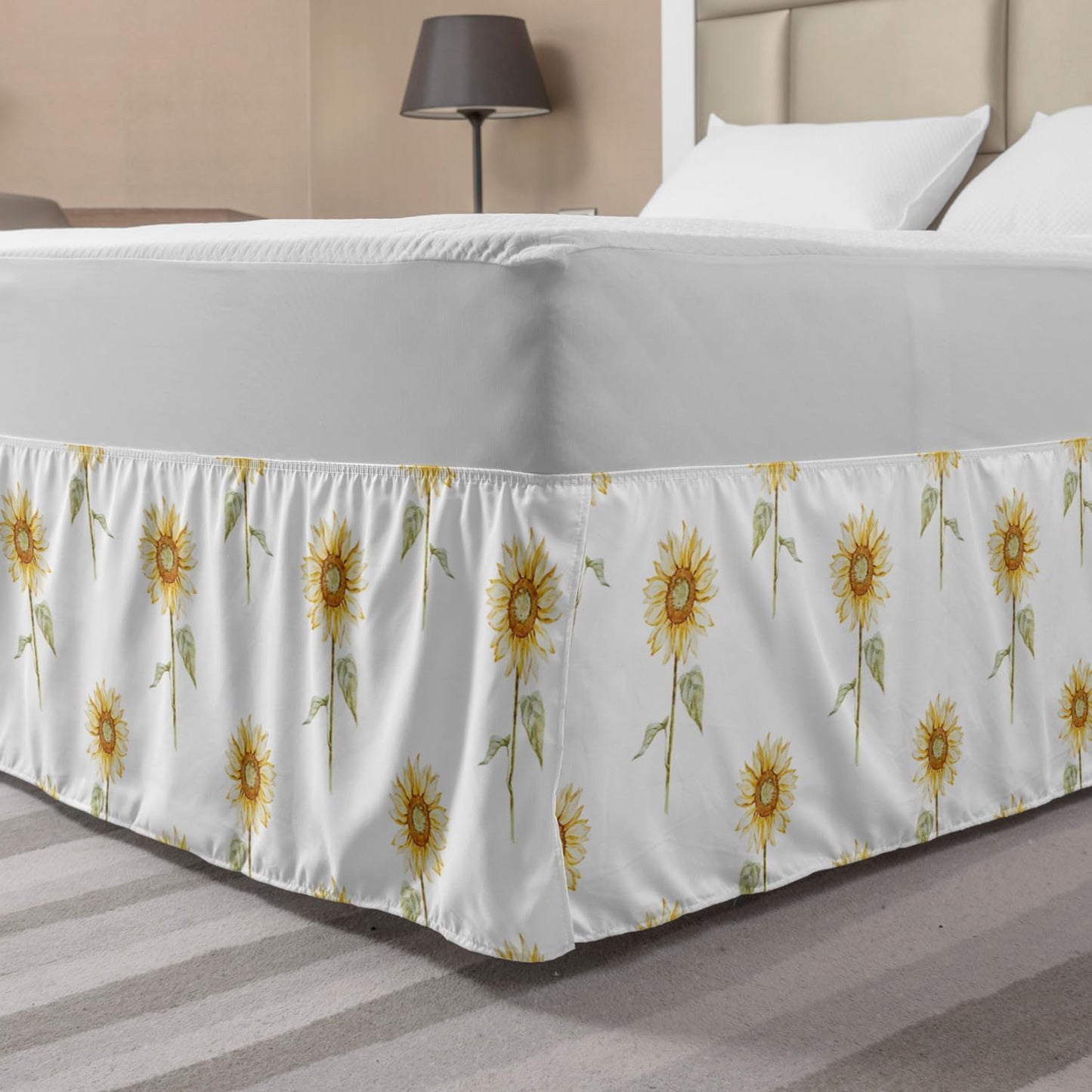 Lunarable Sunflower Bedskirt, Hand Drawn Floral Pattern, Queen Size, Green Ginger, Gathered Design