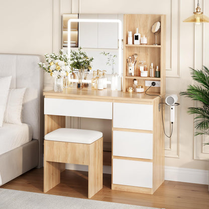 Vanity Desk with Mirror and LED Light, Vanity Desk with 4 Drawers, Power Outlet, Storage Stool, Open Shelves, Hairdryer Holder, Adjustable 3 Lighting Mode, Makeup Vanity Set for Bedroom, Wood Color
