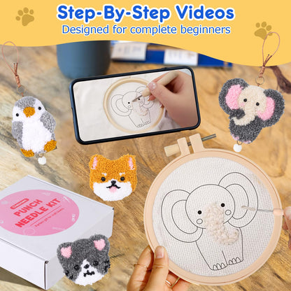 Punch Needle Kit for Beginner,Embroidery Kit with All Tools and Materials, 4Pcs Cute Animal Charm Easy for Adults and Children Follow Instructions and Videos,Best Gift for Craft Lovers