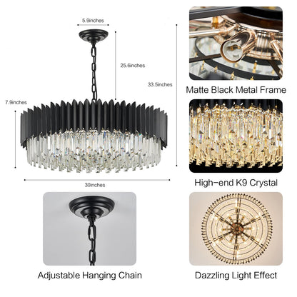 YOLIZUOT Black Crystal Chandelier 30'' K9 Crystal Round Pendant Lights Adjustable 6-Tier Large Modern Crystal Chandelier Light 12-Lights for Dining Room Living Room Kitchen Foyer Entryway