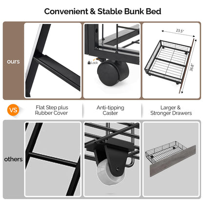 Bonnlo Metal Bunk Bed Twin Over Full with 2 Storage Drawers, Heavy Duty Twin Over Full Bunk Bed for Kids Teens Adults, 13.7-Inch Guardrail, Inclined Ladder, No Box Spring Needed, Black/Brown