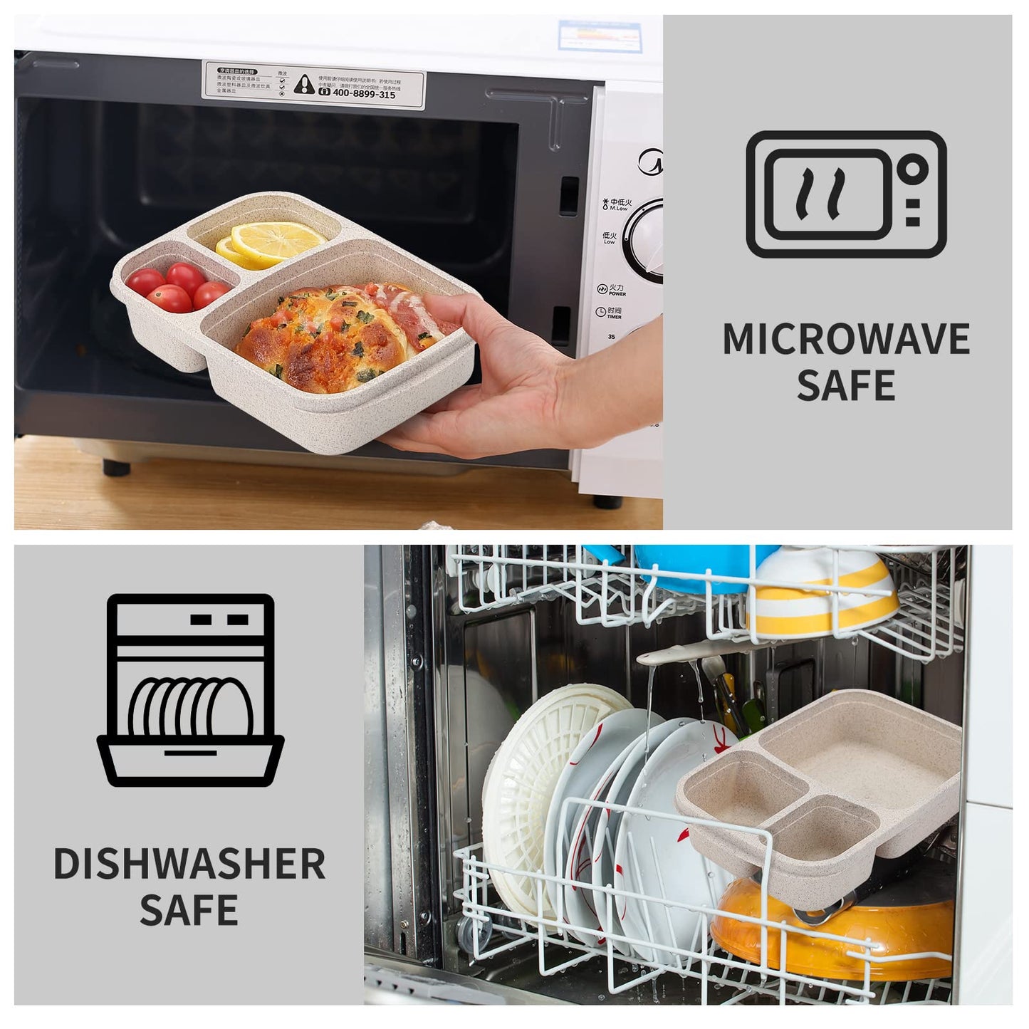 buluker 4 Pack Bento Lunch Box Set 3 Compartment Food Storage Containers Wheat Straw Meal Prep Lunch Box Plastic Food Storage Containers, Microwave and Dishwasher Safe (light colour)