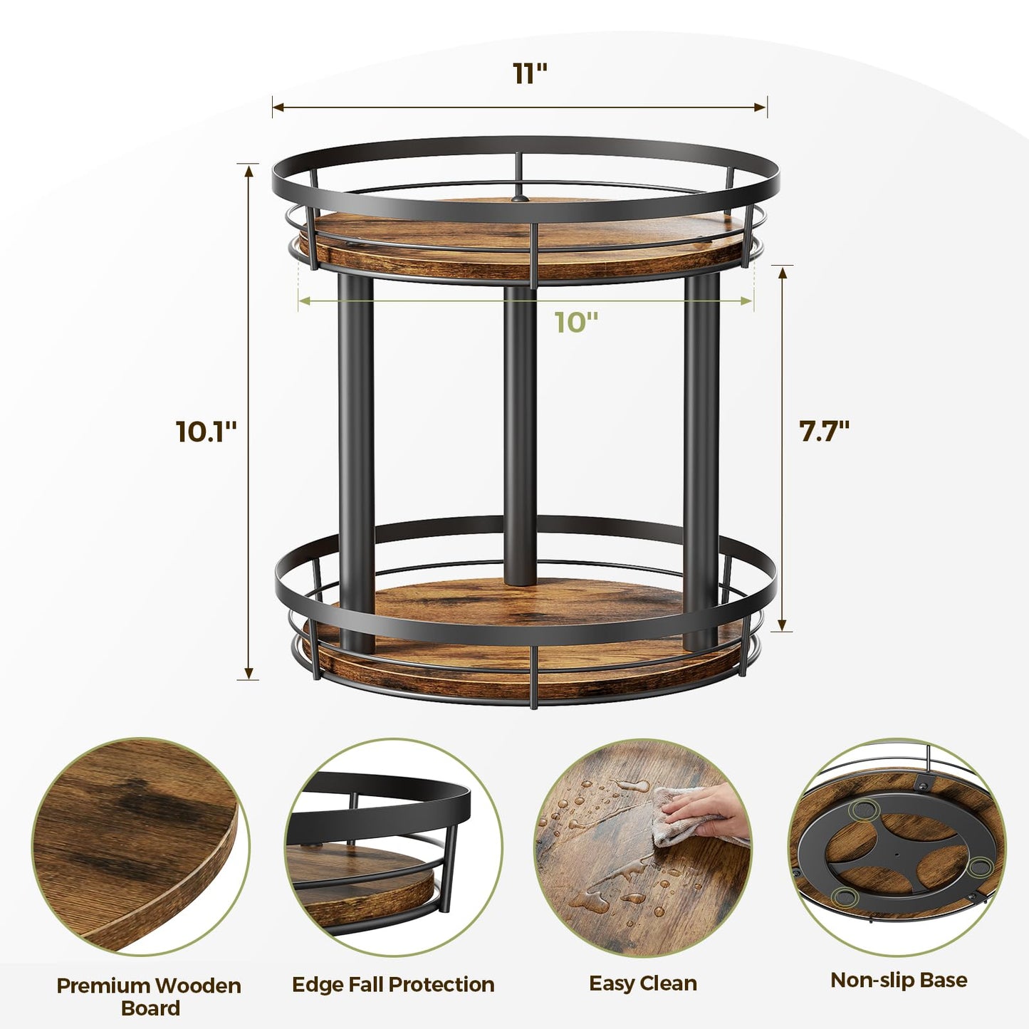 LAMU 10'' Wood Lazy Susan Spice Rack Organizer, 2 Tier Spice Organization for Cabinet, Countertop, Kitchen, Table Top, Pantry, Condiment and Seasoning Rack Organizer