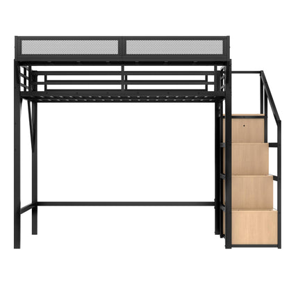 KEIKI Queen Loft Bed with Storage Stairs for Adults，Heavy Duty Bunk Beds with Shelves, Wardrobe, Metal Bedframe with USB Ports for Bedroom, Natural