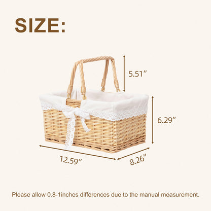 Handwoven Wicker Picnic Basket with Lace Lining, Natural Rattan Tote with Handles, Boho Basket for Outdoor Picnics, Bridal Showers, Weddings & Home Storage