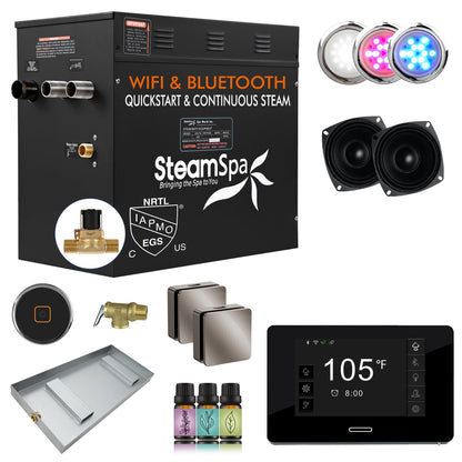 SteamSpa Steam System 12kW Steam Shower Generator with Bluetooth Wifi, Quickstart Continous Steam, Advanced Touch Pad Screen, Chroma Lights, Drain Pan and Auto Drain Brushed Nickel RVBS1200BN-A