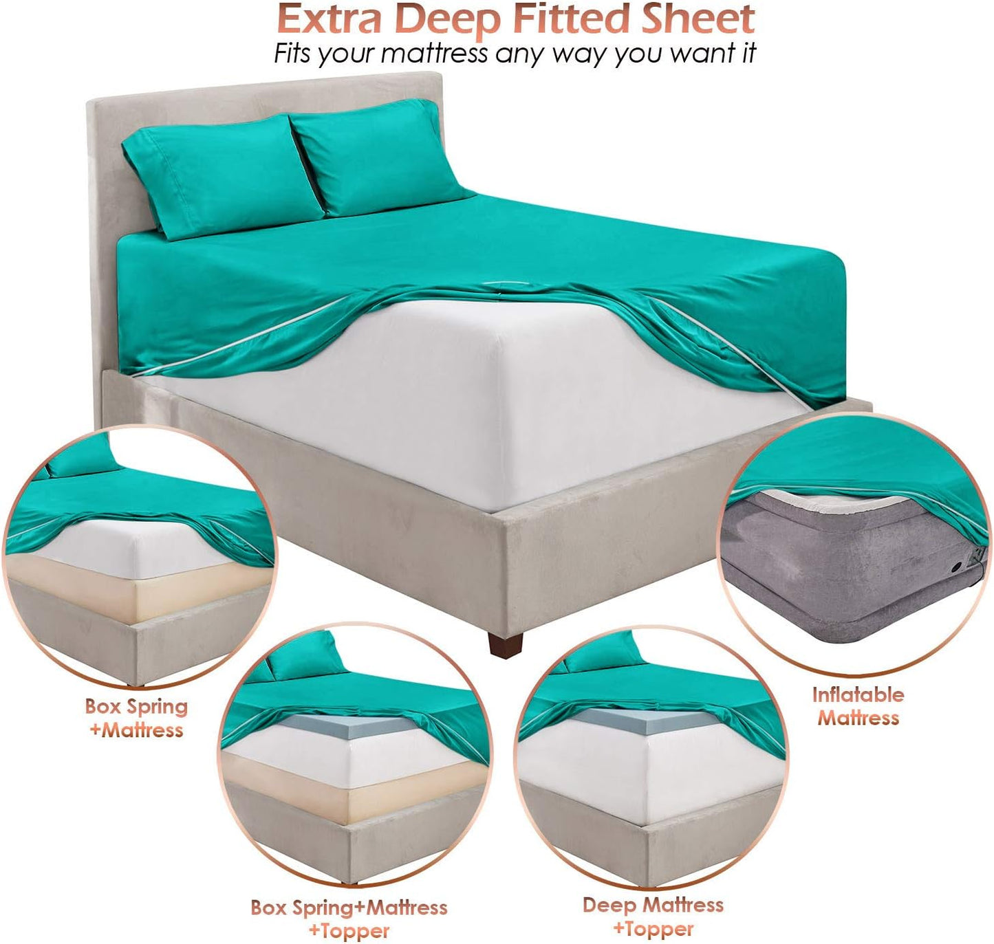 Nestl Extra Deep Pocket Split King Sheet Set - 7 PC Soft Microfiber Bedding Sheets & Pillowcases, Teal Blue/Green