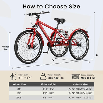 EOYOBIKE 7-Speed Adult Tricycle, 24/26/27.5 Inch 3-Wheel Bike with 420 lbs Capacity, All-Terrain Mountain Trike, Dual Disc Brakes & Large Rear Basket for Seniors, Men, Women, Fitness, Shopping