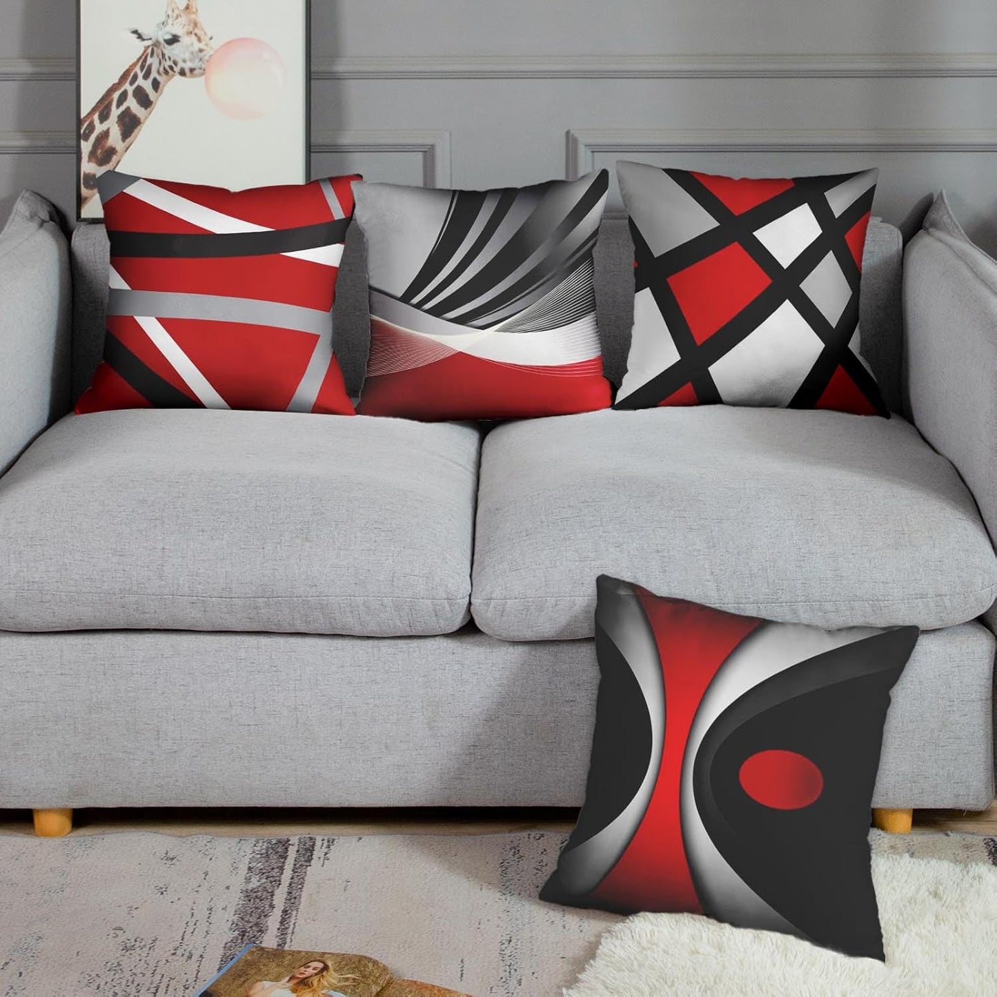 Emvency Set of 4 Throw Pillow Covers, Modern Abstract Red Stripes Gray Black White, 22x22 Inches Decorative Pillowcases