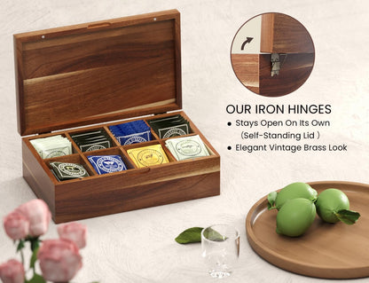 Danfoxer Acacia Wood Tea Bag Organizers, Tea and Sugar Packet Storage Chest with Lid, Wooden Teabag Holder Containers,Tea Box with 8 Compartments