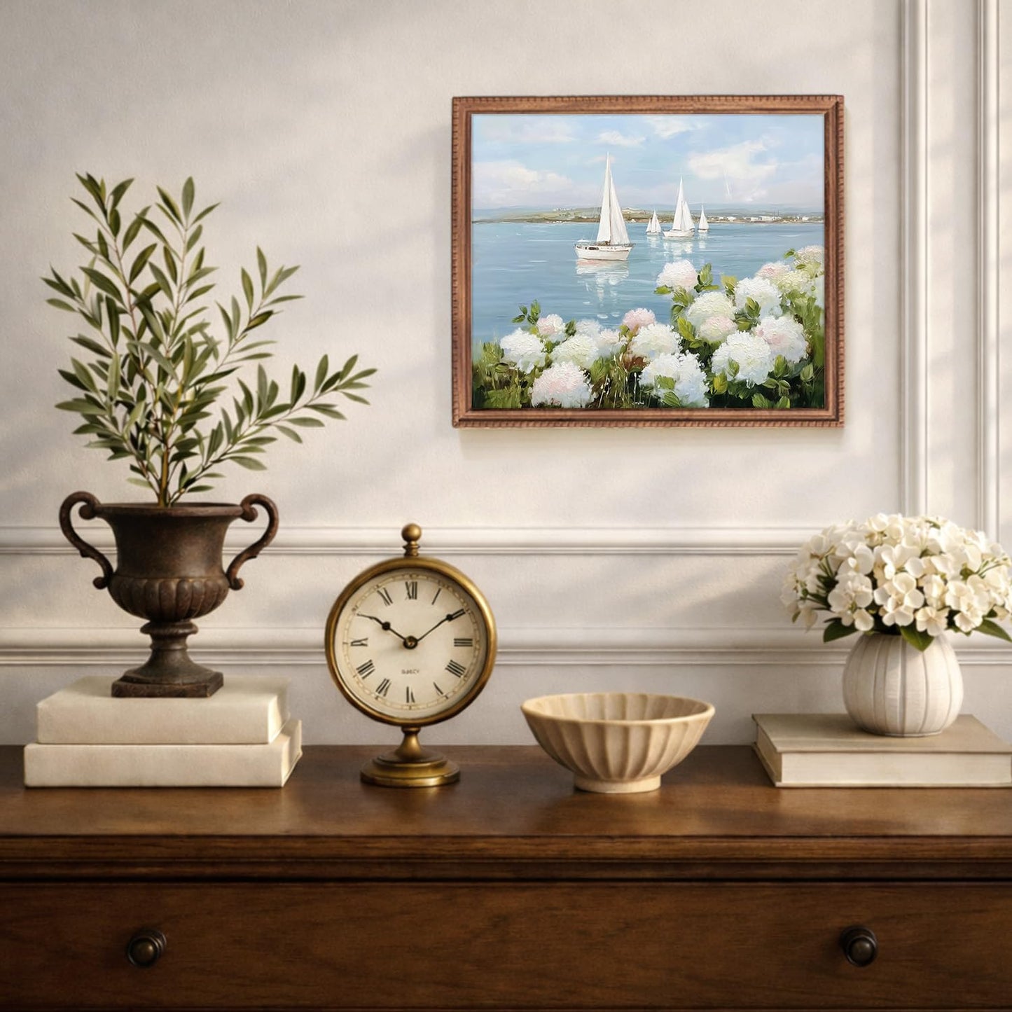 FOPENEM Nautical Sailboat Hydrangea Floral Diamond Painting Kit for Adults Beginners 9.8x11.8 Inch, Coastal Seaside Flower Gem Diamond Painting Art Kits for Home Beach House Wall Decor