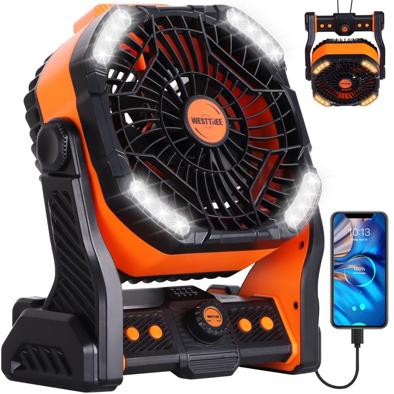 WESTTREE 20000mAh Battery powered fan Camping Fan essentials Portable fan Battery OperatedRechargeable Outdoor Tent with Light & Hook Personal USB Desk for Camping,Orange