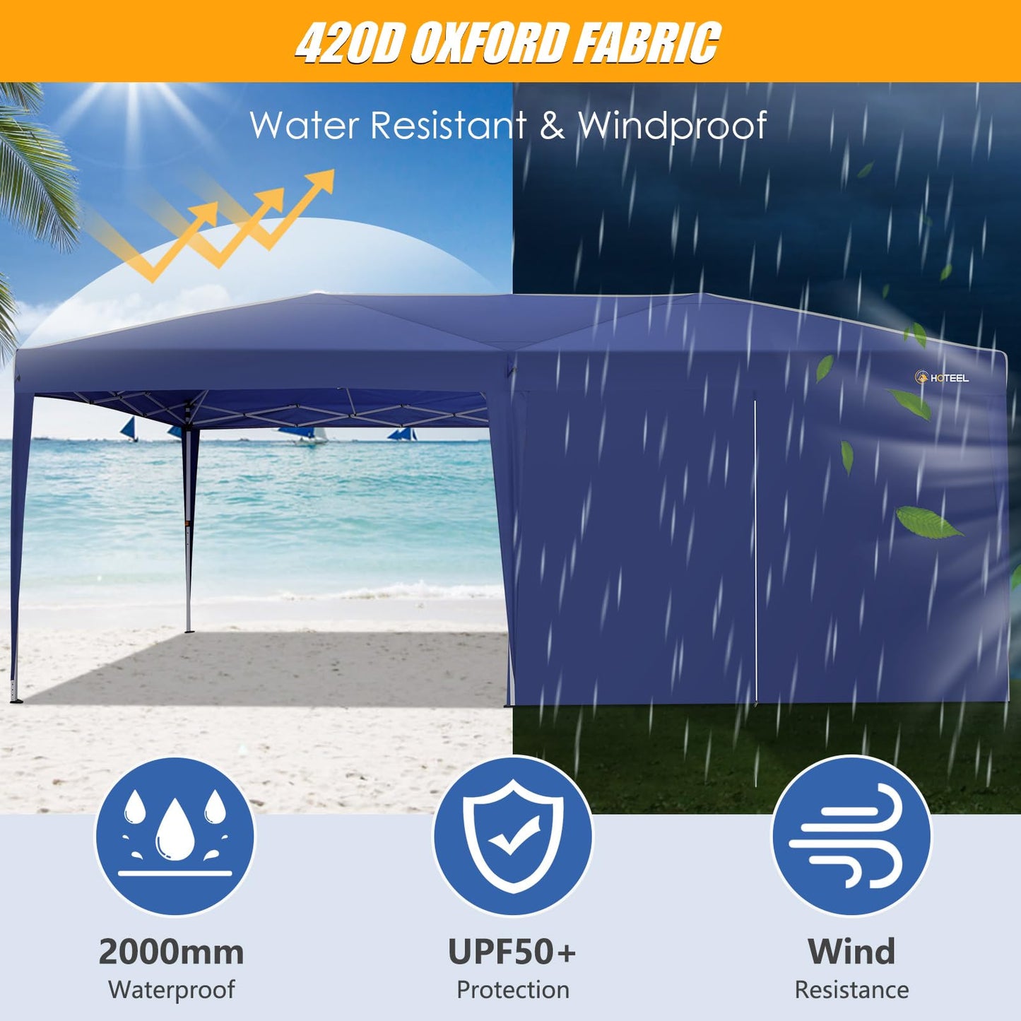 HOTEEL 10x20 Pop up Canopy Tent with Sidewalls, Outdoor Waterproof Tents for Parties with Center Lock, Sandbag, Easy Setup Event Tent Shelter with Reinforce Rod for Backyard, Camping, Market, Navy