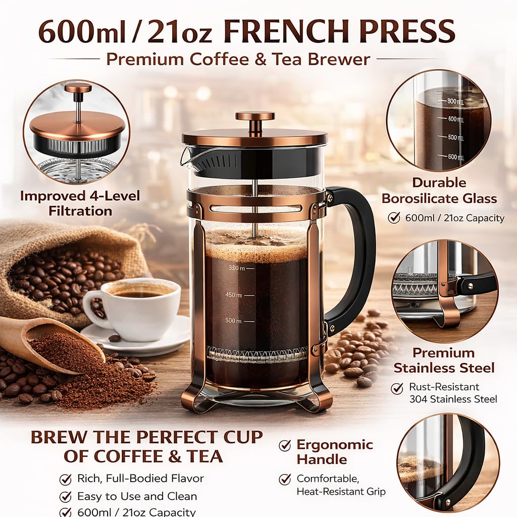 PSAVGLA French Press Coffee Maker 21 oz, 304 Stainless Steel Double Mesh Filter, Borosilicate Glass, Heat-Resistant, BPA-Free, Ideal for Home, Office & Gift (copper, 21oz)