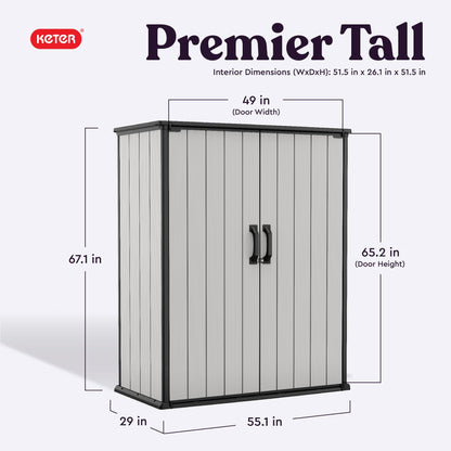 Keter Premier Tall 4.6x5.6 ft Resin Outdoor Storage Shed, Backyard Garden Shed with Shelving Brackets for Tools, Patio Furniture, Pool & Bike Storage, Grey & Black, 62 cu. ft Capacity