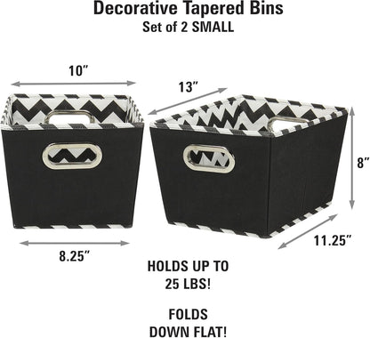 Household Essentials Fabric Storage Bins, Set of 2, Tapered KD Bins with Dual Grommet Handles, Black Chevron Print