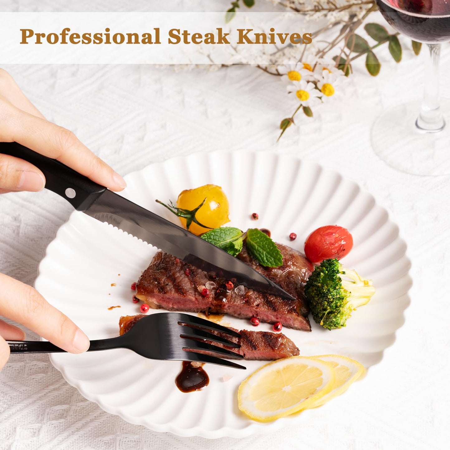 Astercook 24-Piece Black Silverware Set with Steak Knives Flatware Set for 4 Food-Grade Stainless Steel Cutlery Set Mirror Polished Utensils Set Include Spoons and Forks for Home Gifts for Women