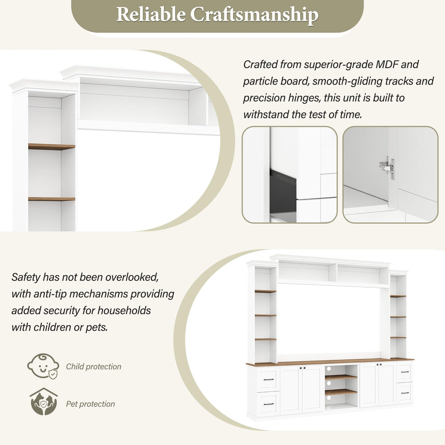 Ball & Cast 94.8" Entertainment Center Wall Unit with Bookshelf for TVs Up to 70",Farmhouse Large TV Stand with Walnut Adjustable Shelves,Retro Media Console with 4 Drawers for Living Room,White
