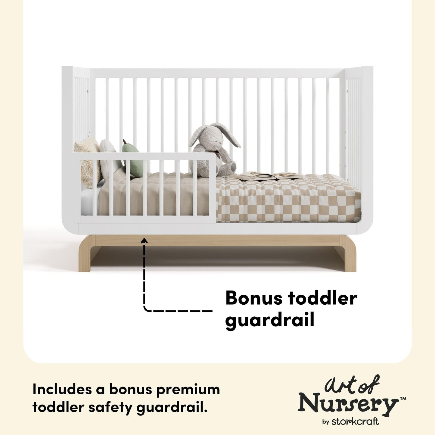 Storkcraft Santorini 5-in-1 Convertible Crib with Toddler Guardrail – GREENGUARD Gold Certified, Conversion Kit Included, 100% Solid Wood, Fits Standard Crib Mattress (White and Driftwood)