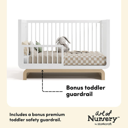Storkcraft Santorini 5-in-1 Convertible Crib with Toddler Guardrail – GREENGUARD Gold Certified, Conversion Kit Included, 100% Solid Wood, Fits Standard Crib Mattress (White and Driftwood)
