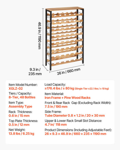 VEVOR 48 Bottle Wine Rack,8-Tier Iron Wine Bottle Holder with Wood Table Top,Freestanding Floor Display Wine Storage Shelves,for Kitchen Pantry, Cellar, Bar, Dining Room,26''L X 9.3''W X 46.9''H