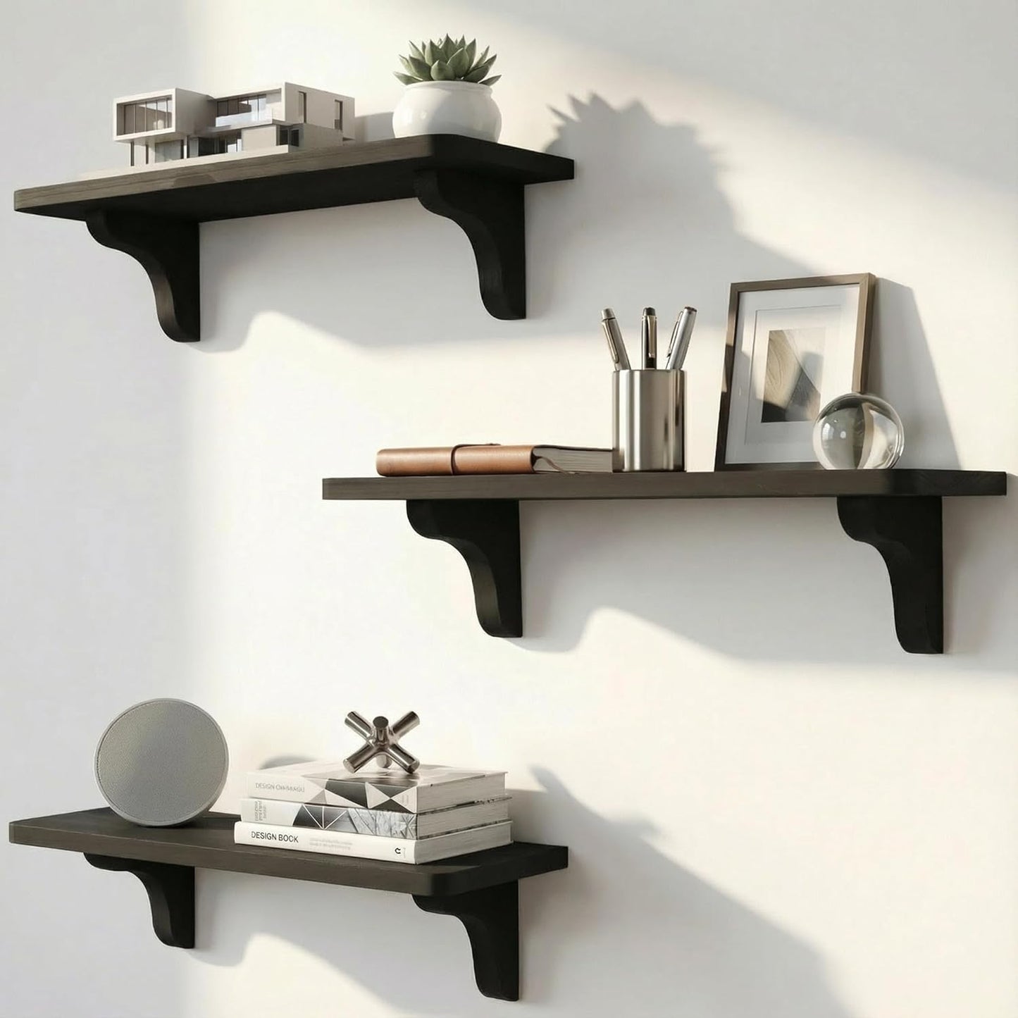 17 inch (3 Pack) Real Wood Black Shelves for Wall - - Easy to Install, Template and Video Included - Black Wall Shelf