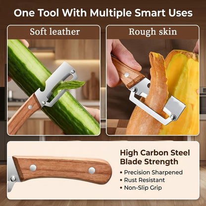2026 New 2-in-1 Multifunctional Vegetable Peeler – Stainless Steel Blade with Wooden Handle & Bottle Opener, Effortlessly Peels Fruits & Vegetables, Ideal Kitchen Tool Gift (2-Pack)