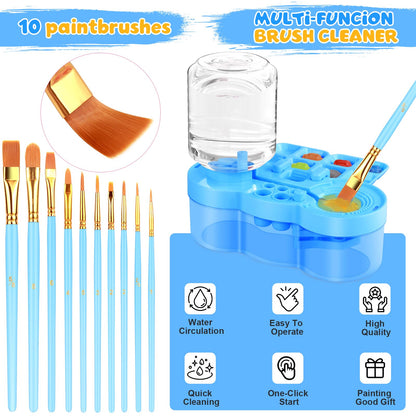 Art Painting Kits, Paint Station, Including Upgraded Paint Brush Cleaner, 20"X16" Silicone Painting Mat, 12 Colors Acrylic Paint Set and 10 Paint Brushes, Painting Supplies Kits(Blue)