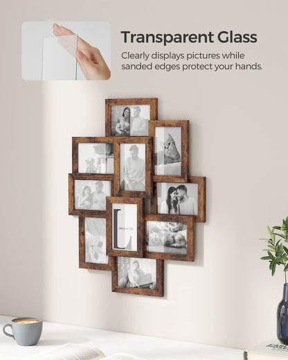 SONGMICS 4x6 Collage Picture Frames, 10-Pack Photo Collage Frame for Wall Decor, Glass Front, Assembly Required, Rustic Brown URPF020X02