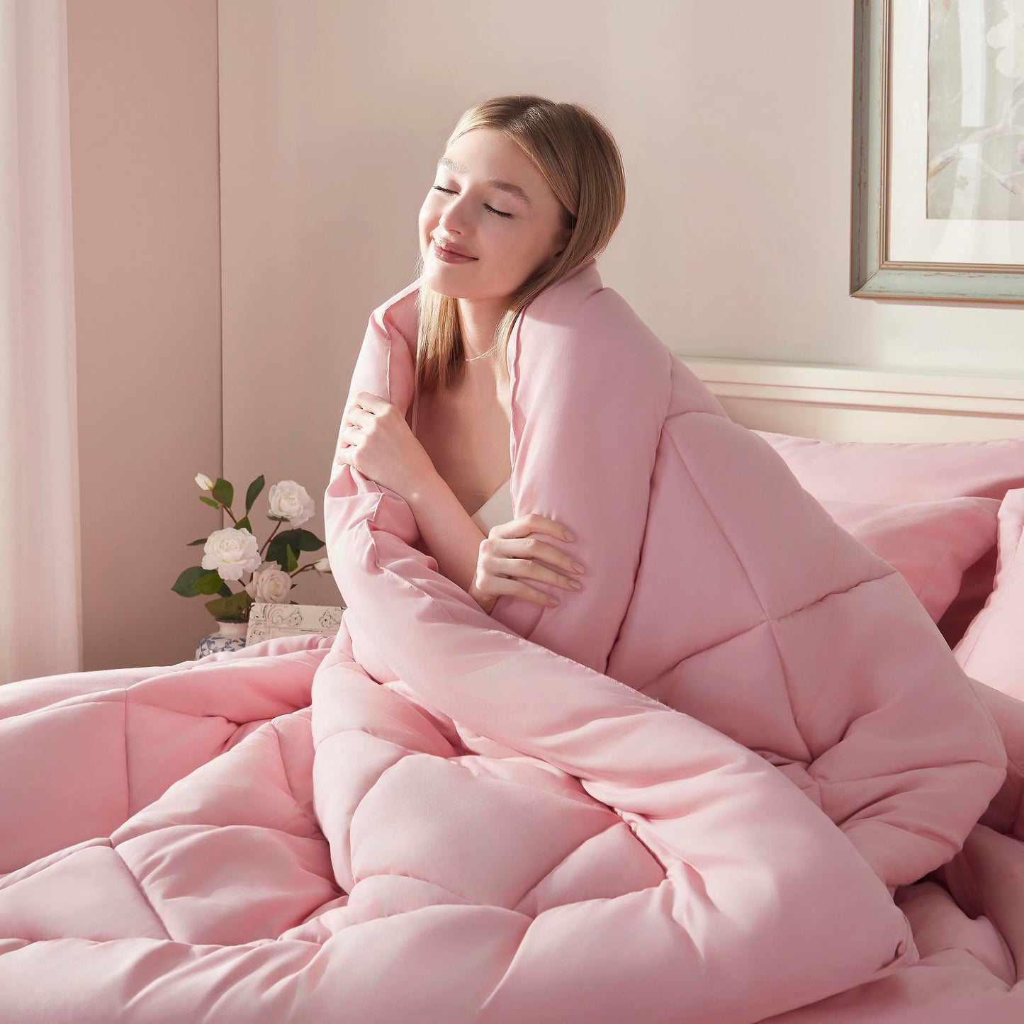 ELNIDO QUEEN® Queen Comforter Set - 7 Pieces Bed in a Bag Queen Size, Bed Set for All Seasons, Blush Pink Ultra Soft Bedding Sets with Comforter, Flat Sheet, Fitted Sheet, Pillowcases and Pillow Shams