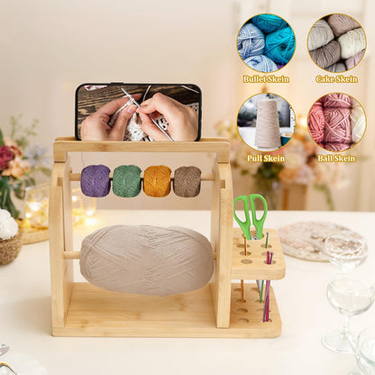 Yarn Holder for Crocheting and Knitting, Bamboo Wooden Yarn Spinner Storage Organizer with Built-in Phone Stand, Tangle-Free Dual Rods and Crocheting Tool Holder, Works with Skein,Cake,Ball