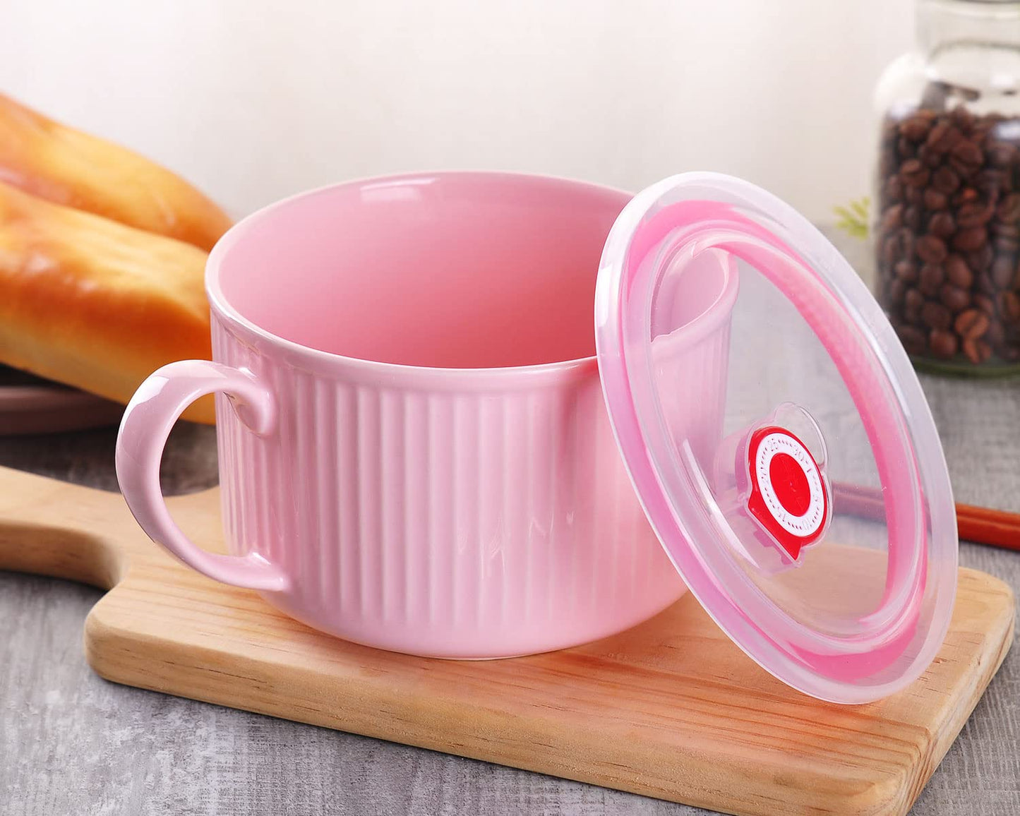 WHJY 30oz Ceramic Bowl with Lid and Handle for Soup and Instant Noodles Mug, Modern Simple Style, with Heat Preservation Handle - Pink