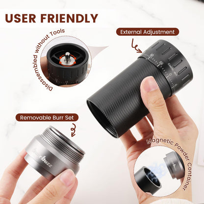 burrbuzz MB2 Manual Coffee Grinder, External Adjustment, 35g Large Capacity Burr Grinder, Magnetic Catch Cup Less Mess, Stainless Steel Burr Espresso Grinder Great Flavor in Pour Over, French Press