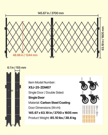 VEVOR Double Folding Security Gate, Lockable Scissor Gate with 360° Swivel Casters, Outdoor Barricade Steel Retractable Gates, for Entry Security, Garage, Warehouse & Pool, 145.67 x 63.19 in (W x H)