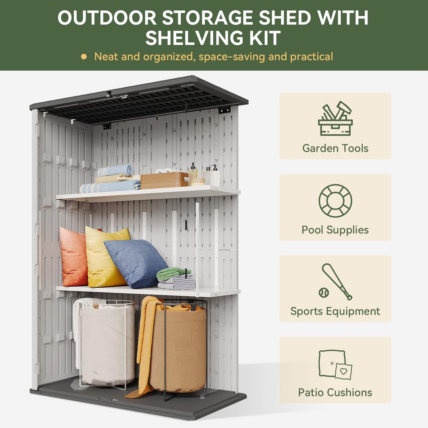 Aoxun White Resin Outdoor Storage Shed with 2 Shelves & Floor, 64 Cu.Ft Vertical Waterproof Cabinet for Garage, Pool, Bike, Garden Tools, Patio Furniture