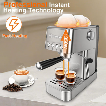 Sorgente Espresso Machine 20 Bar, Stainless Steel Coffee Maker with Milk Frother, 1350W with Fast-Heating System, Innovative Coffee Grounds Filter, Espresso Machines for Home Barista