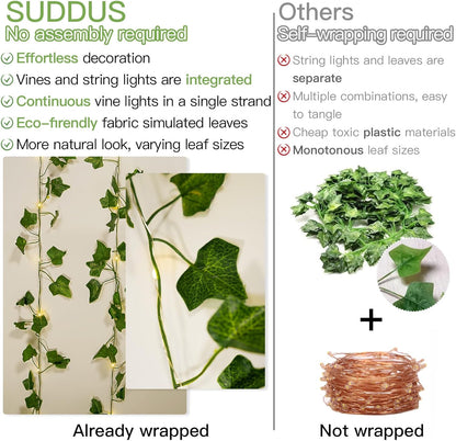13.1ft 40 suddus Vine with Fairy Lights Battery Operated, LED Ivy String Light with Remote, Leaf Lights for Bedroom