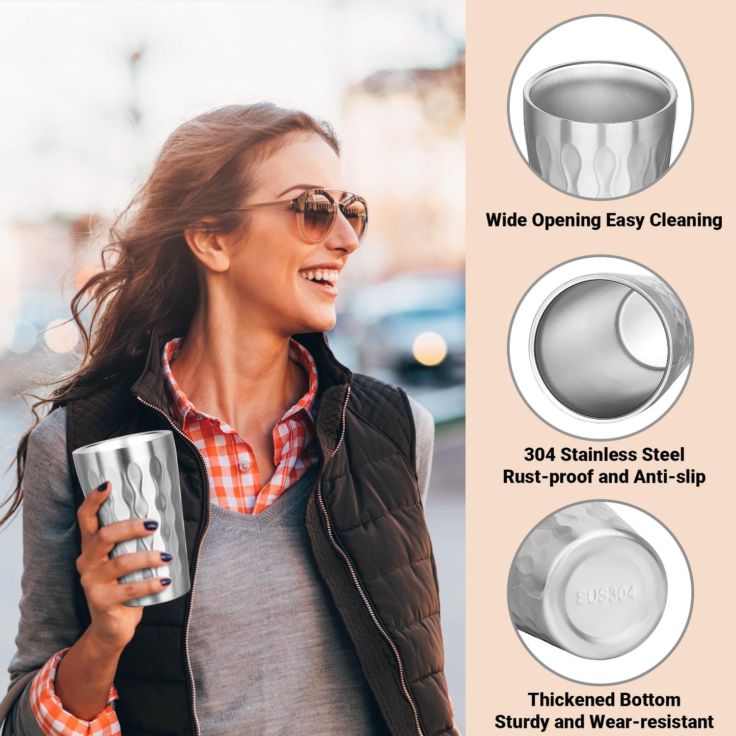 Offiper Stainless Steel Double Wall Cups, 16 oz Insulated Tumbler, 4 Pack Unbreakable Stackable Water Tumblers Insulated Metal Cup Premium Drinking Glasses for Travel Camping Home Outdoor