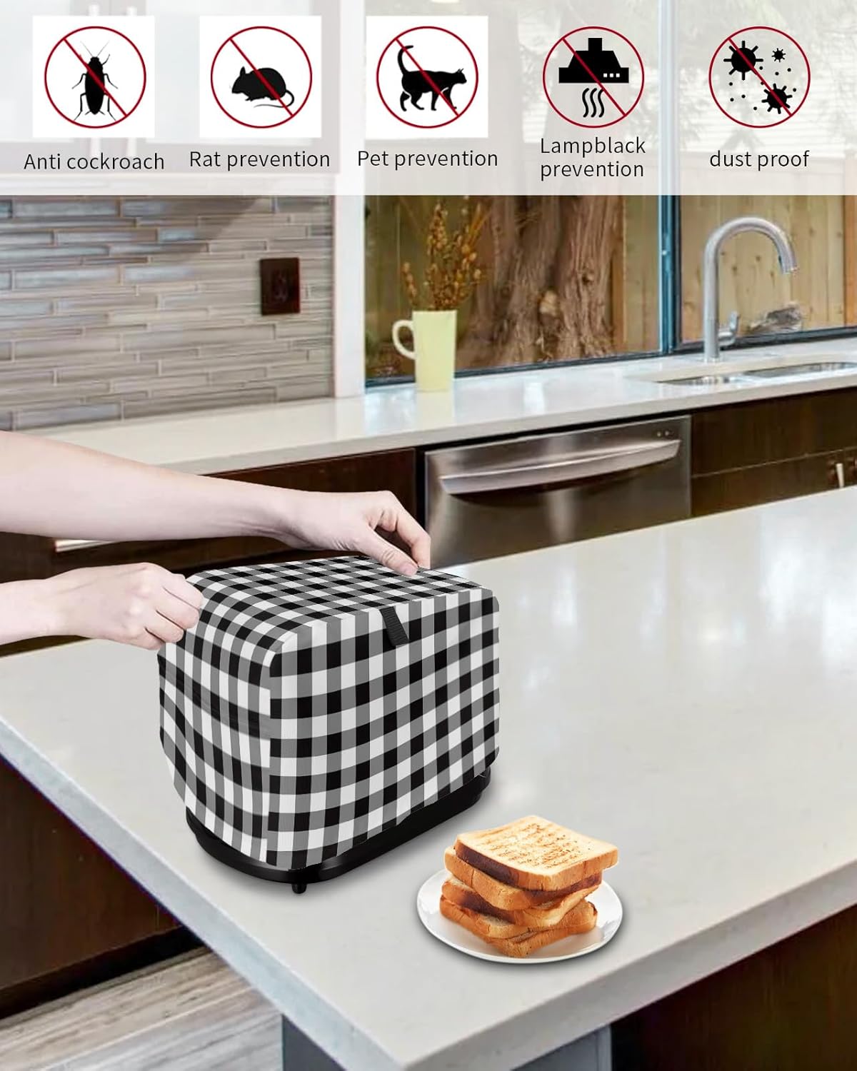 Black and White Checkered Toaster Cover 4 Slice, Large Kitchen Appliance Covers, Farmhouse Buffalo Plaid with Loop,
