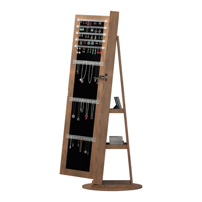 KEIKI 360°Swivel Jewelry Armoire with Full Length Mirror, 62.3" Rotating Standing Jewelry Armoire Organizer, Lockable Storage Cabinet, Interior Lighted Mirror, Walnut
