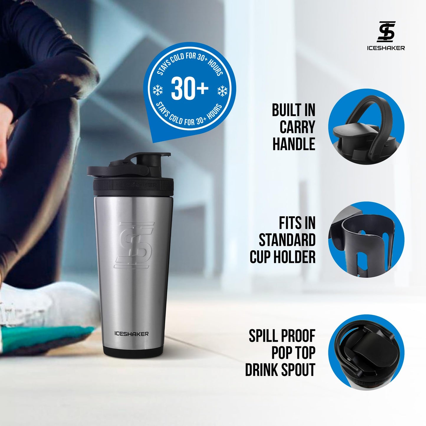 Ice Shaker Insulated Stainless Steel Shaker Bottle | 26oz, Stainless Steel | Cold for 30+ Hours | Insulated Cup with Twist-on Agitator | Odor-Free Bottle for Protein Shakes, Water, Cocktails