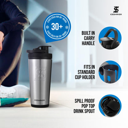 Ice Shaker Insulated Stainless Steel Shaker Bottle | 26oz, Stainless Steel | Cold for 30+ Hours | Insulated Cup with Twist-on Agitator | Odor-Free Bottle for Protein Shakes, Water, Cocktails