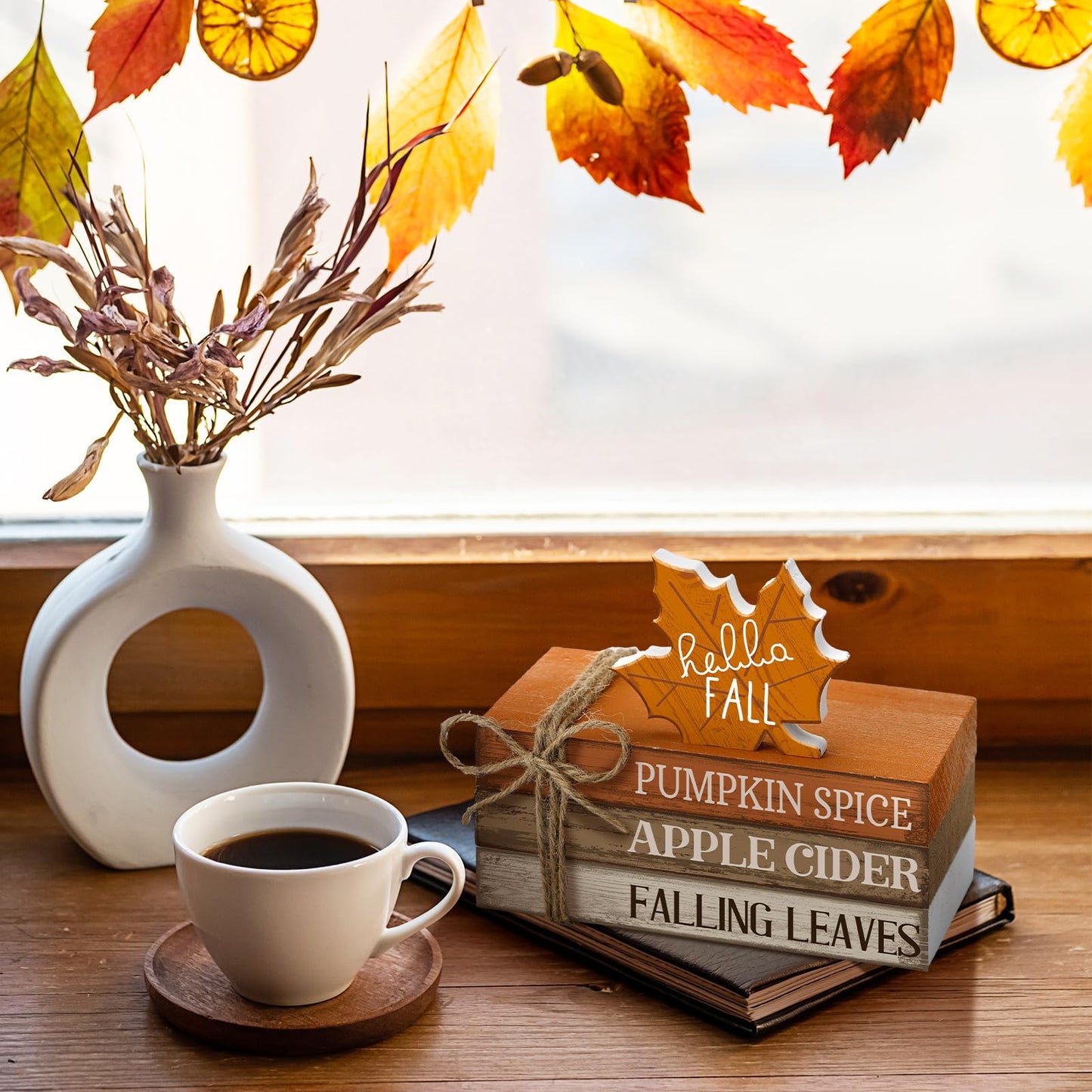 FairySandy 4 Pcs Thanksgiving Decorations for Home Fall Tiered Tray Decor Wood Book Stack with Sign Autumn Stacked Book Decor Bundle for Office Table Shelf Decorative Trays(Maple Leaf)